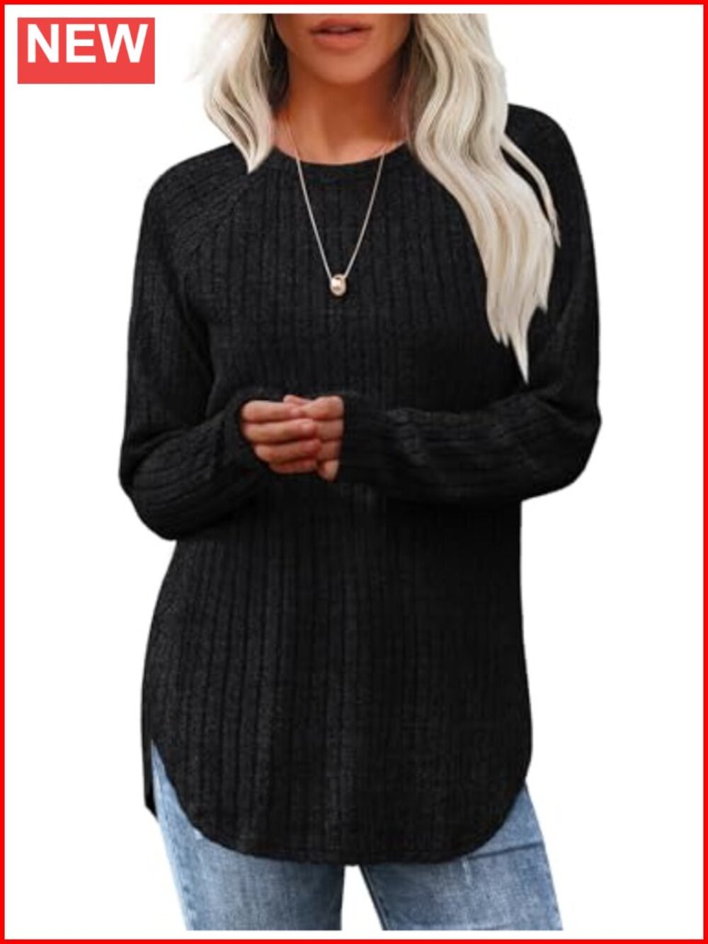 Long Sleeve Tunic Top Loose Fit Curved Hem Pullover Sweater